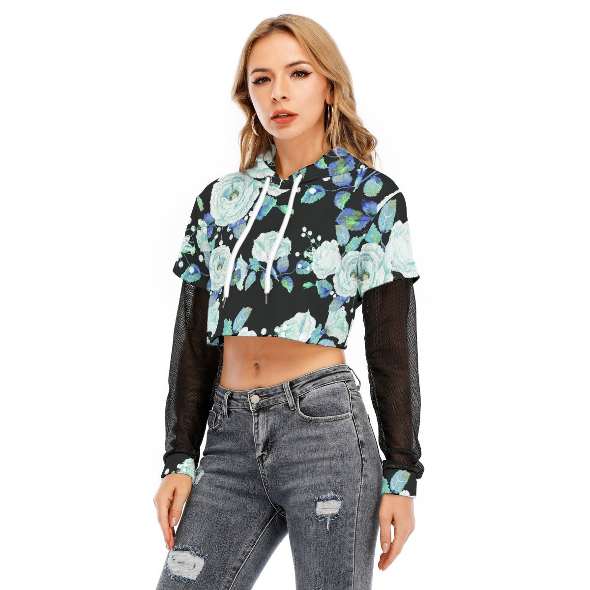 All-Over Print Women's Fake Two-piece Mesh Sleeve Cropped Hoodie