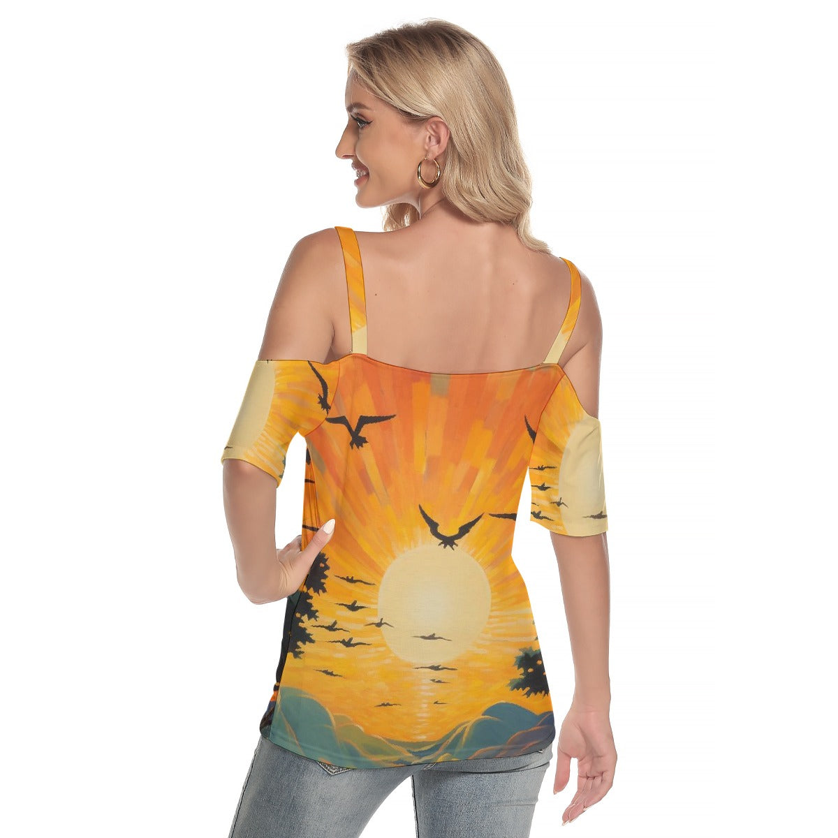 All-Over Print Women's Cold Shoulder T-shirt With Criss Cross Strips