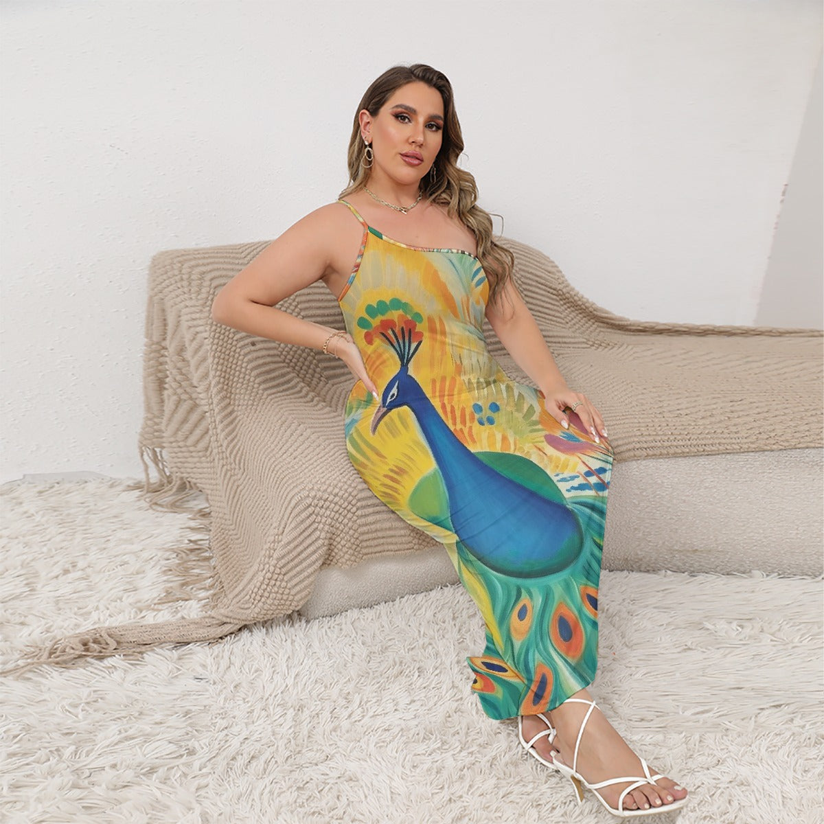 All-Over Print Women's Oblique-Shoulder Exposure Dress With Side Split (Plus Size)