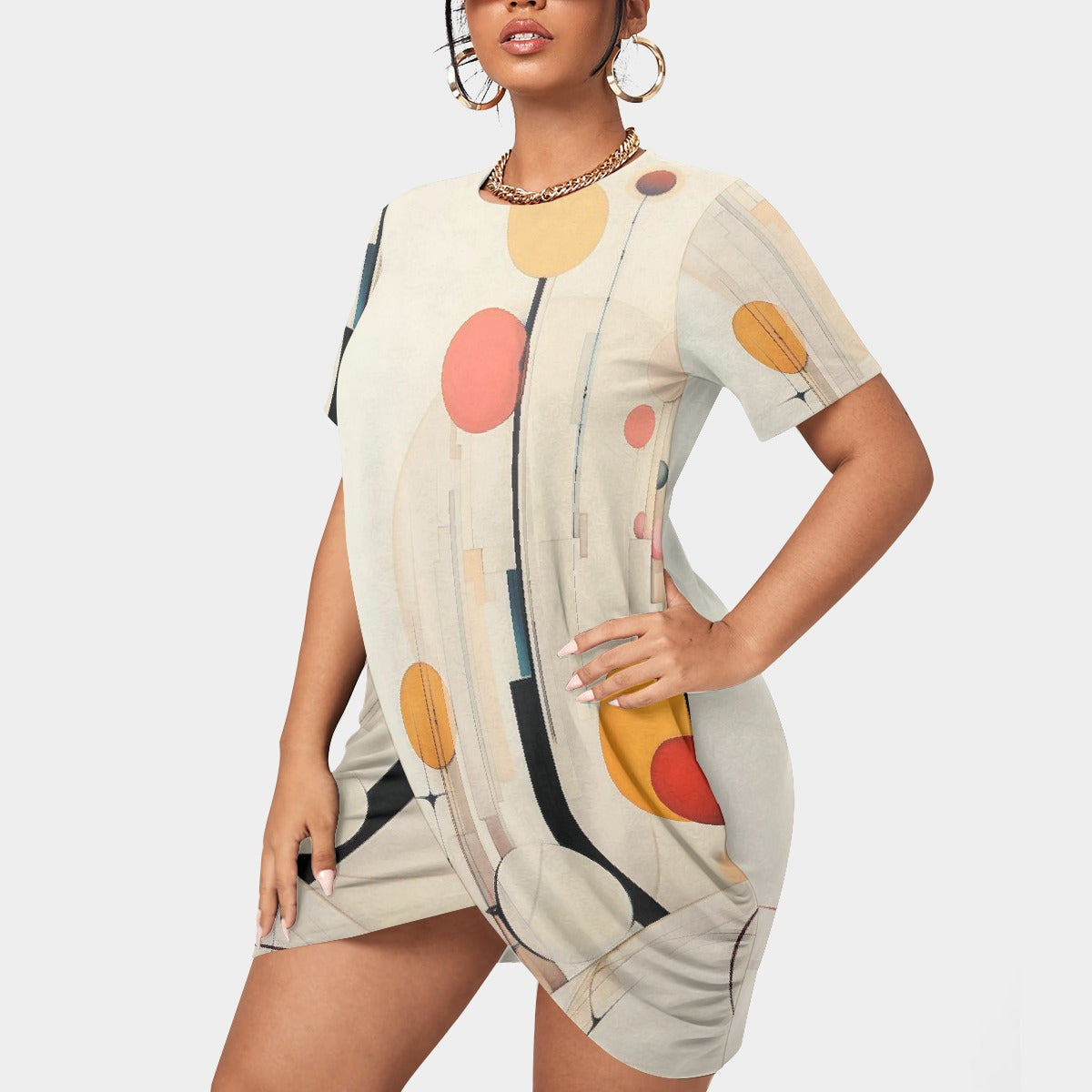 All-Over Print Women’s Stacked Hem Dress With Short Sleeve（Plus Size）