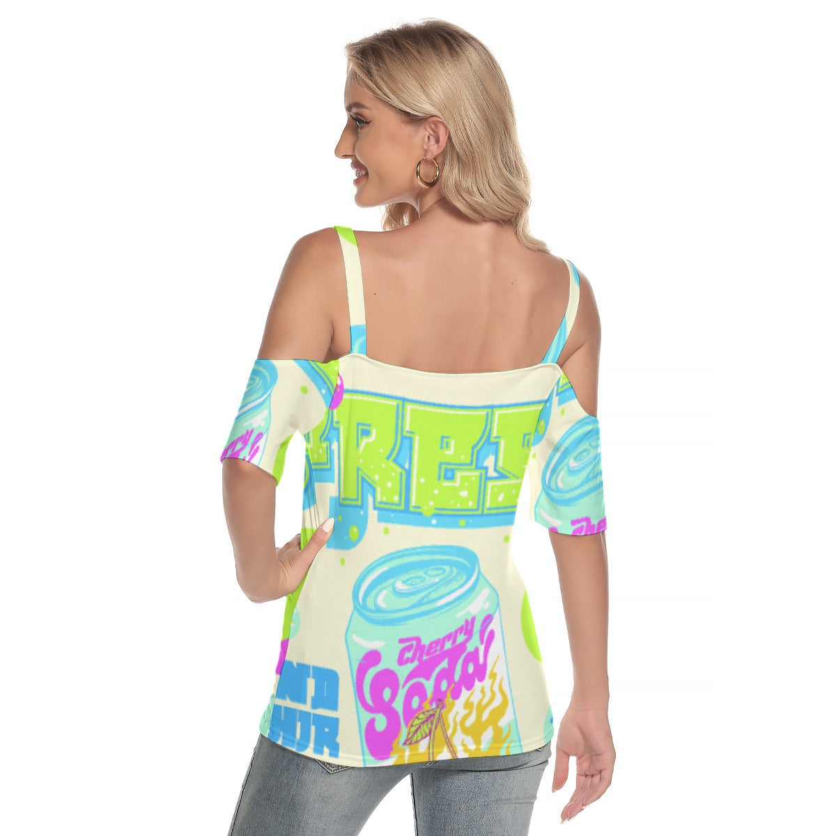 All-Over Print Women's Cold Shoulder T-shirt With Criss Cross Strips