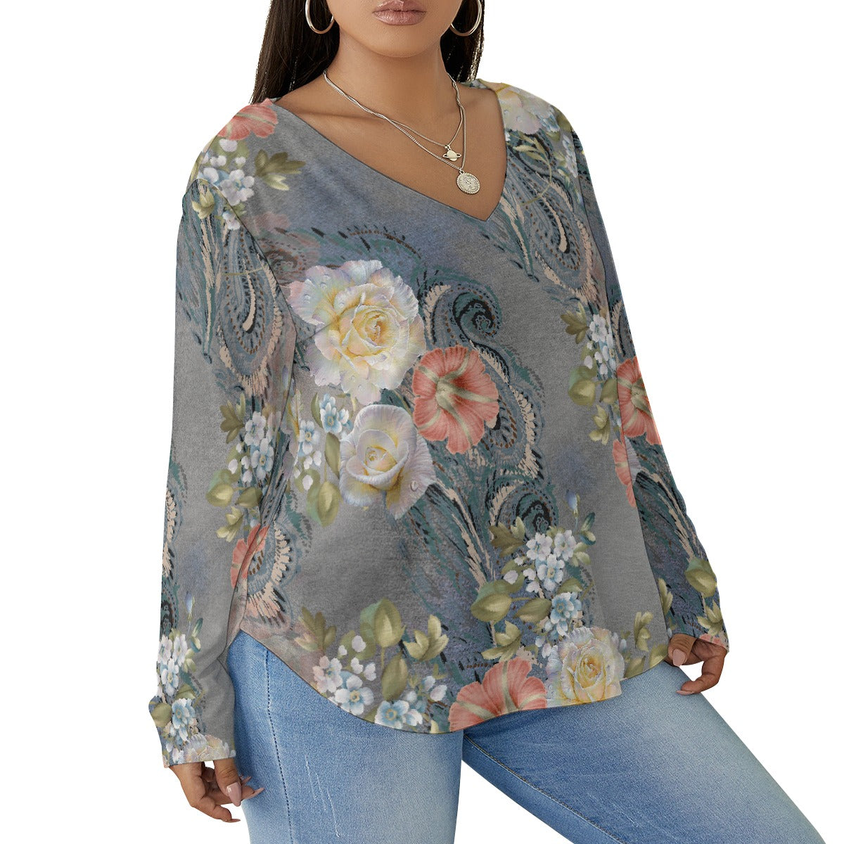 All-Over Print Women's V-neck T-shirt With Curved Hem(Plus Size)