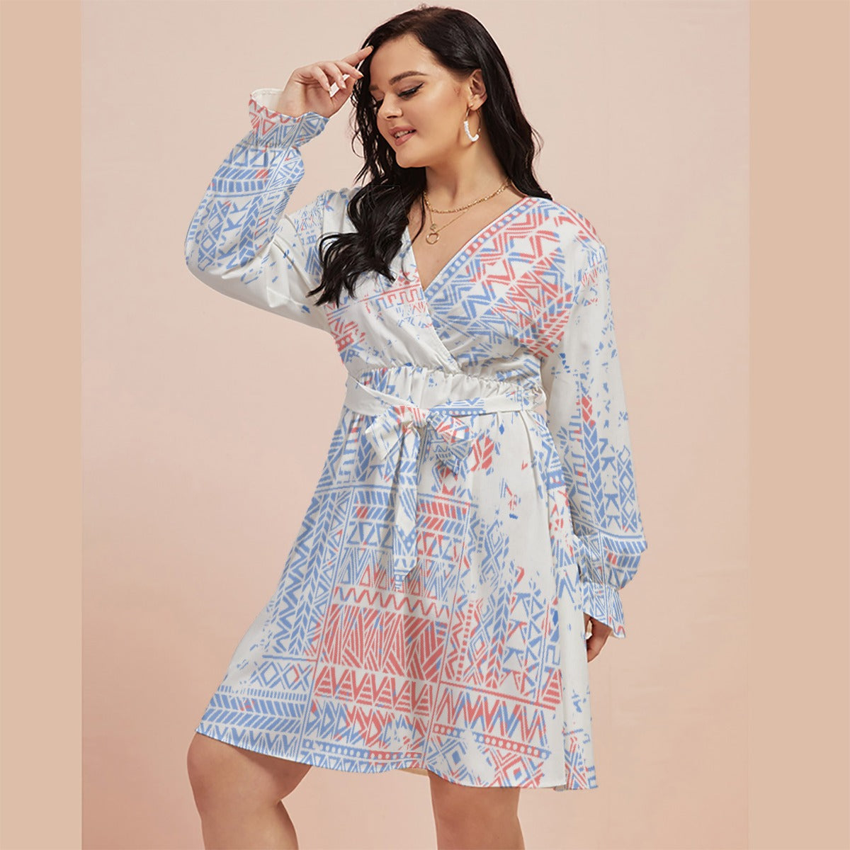 All-Over Print Women's V-neck Dress With Waistband(Plus Size)