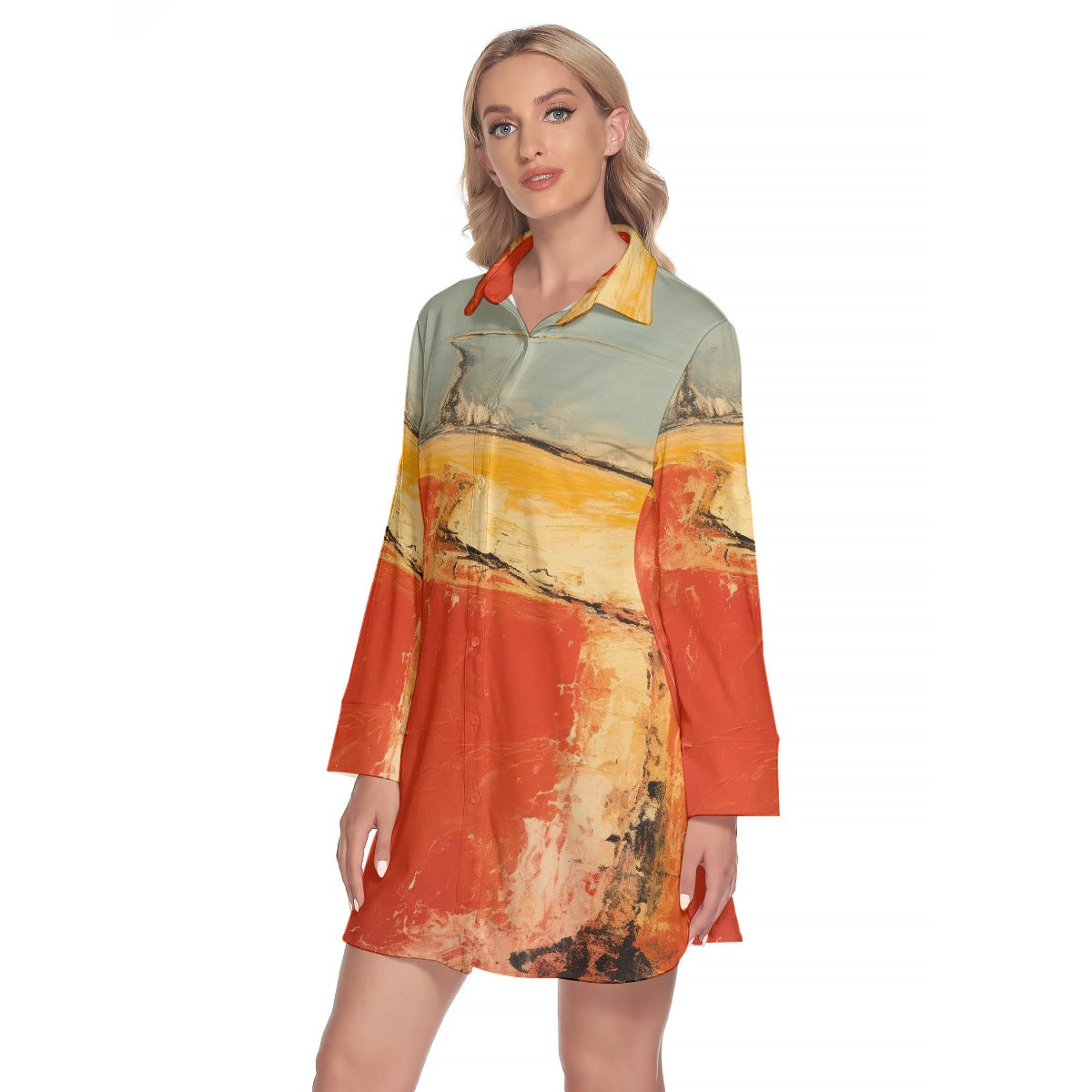 All-Over Print Women's Lapel Shirt Dress With Long Sleeve