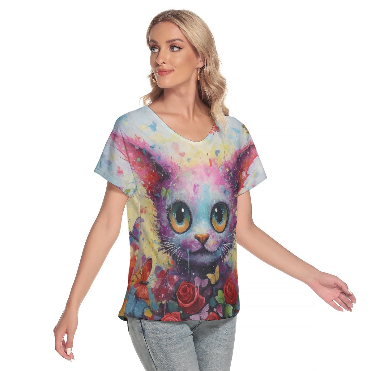 All-Over Print Women's Loose V-neck Short Sleeve T-shirt