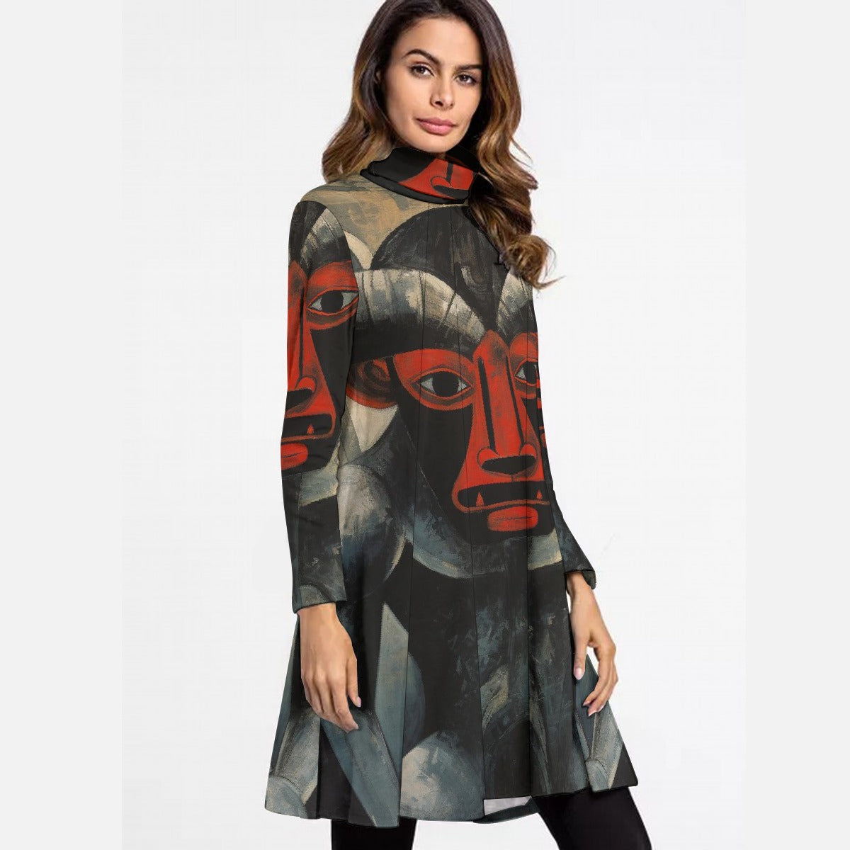 All-Over Print Women's High Neck Dress With Long Sleeve