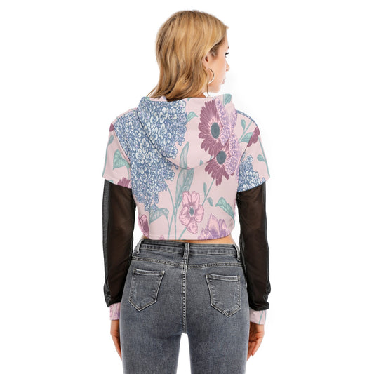 All-Over Print Women's Fake Two-piece Mesh Sleeve Cropped Hoodie