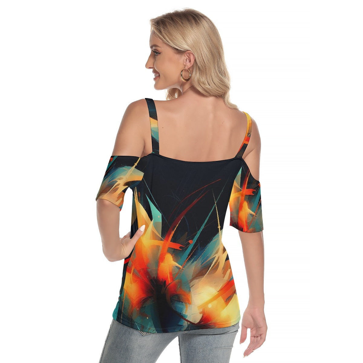 All-Over Print Women's Cold Shoulder T-shirt With Criss Cross Strips