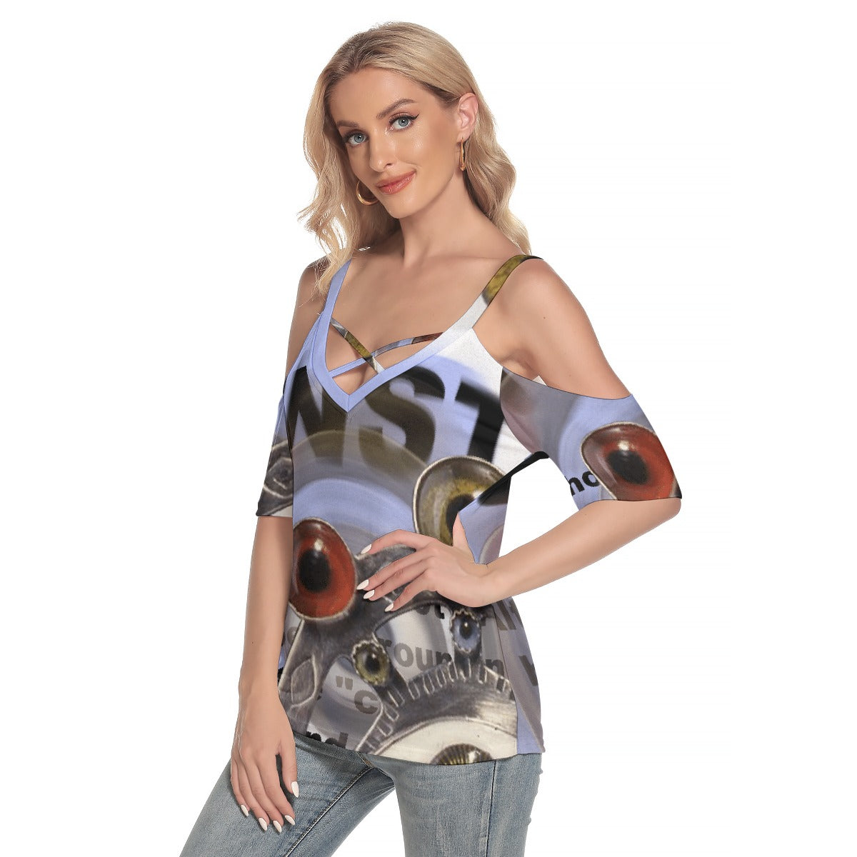 All-Over Print Women's Cold Shoulder T-shirt With Criss Cross Strips