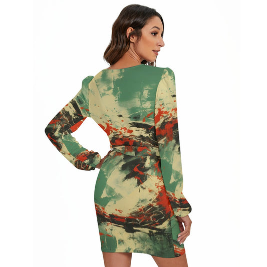 All-Over Print Women's Long Sleeve Dress With Waist Belt