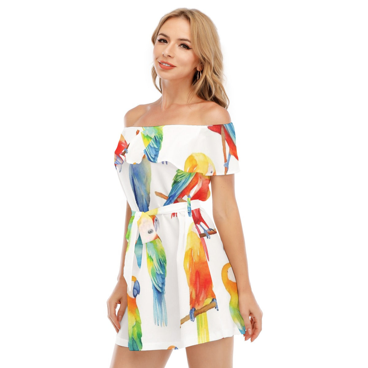 All-Over Print Women's Off-shoulder Dress With Ruffle