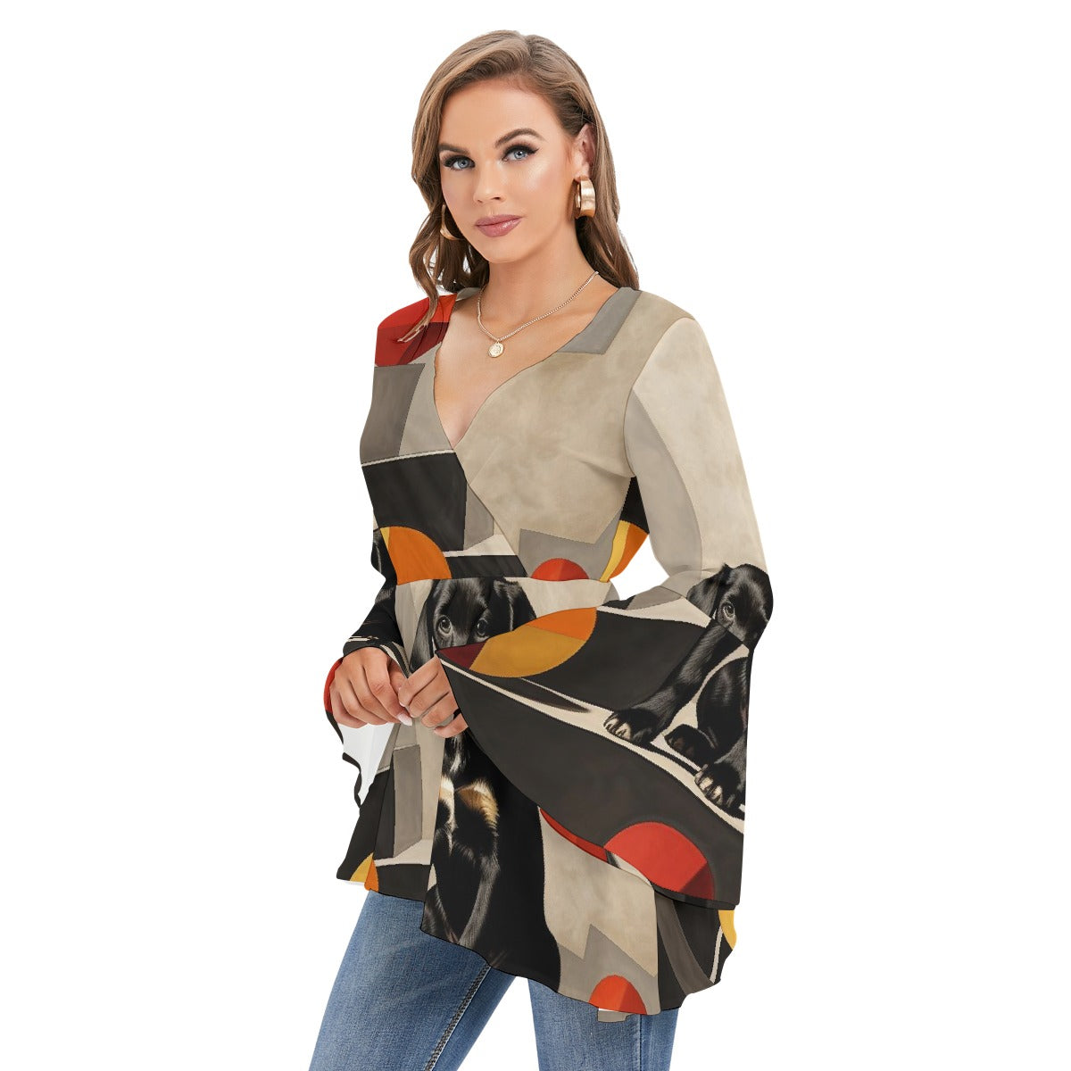 All-Over Print Women's V-neck Blouse With Flared Sleeves