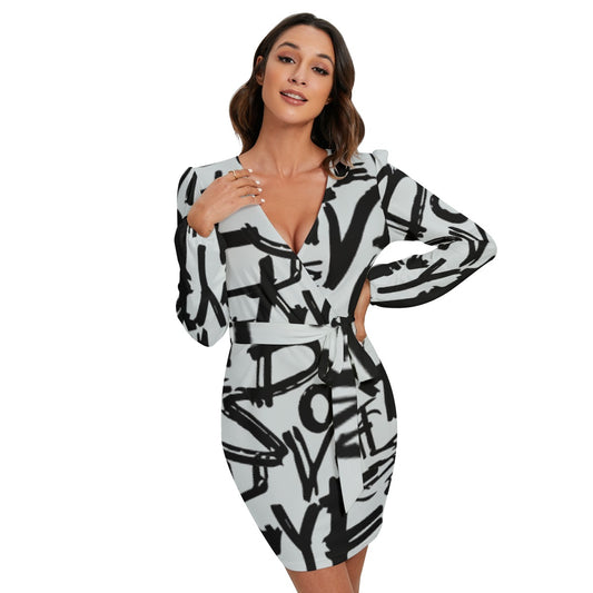 All-Over Print Women's Long Sleeve Dress With Waist Belt