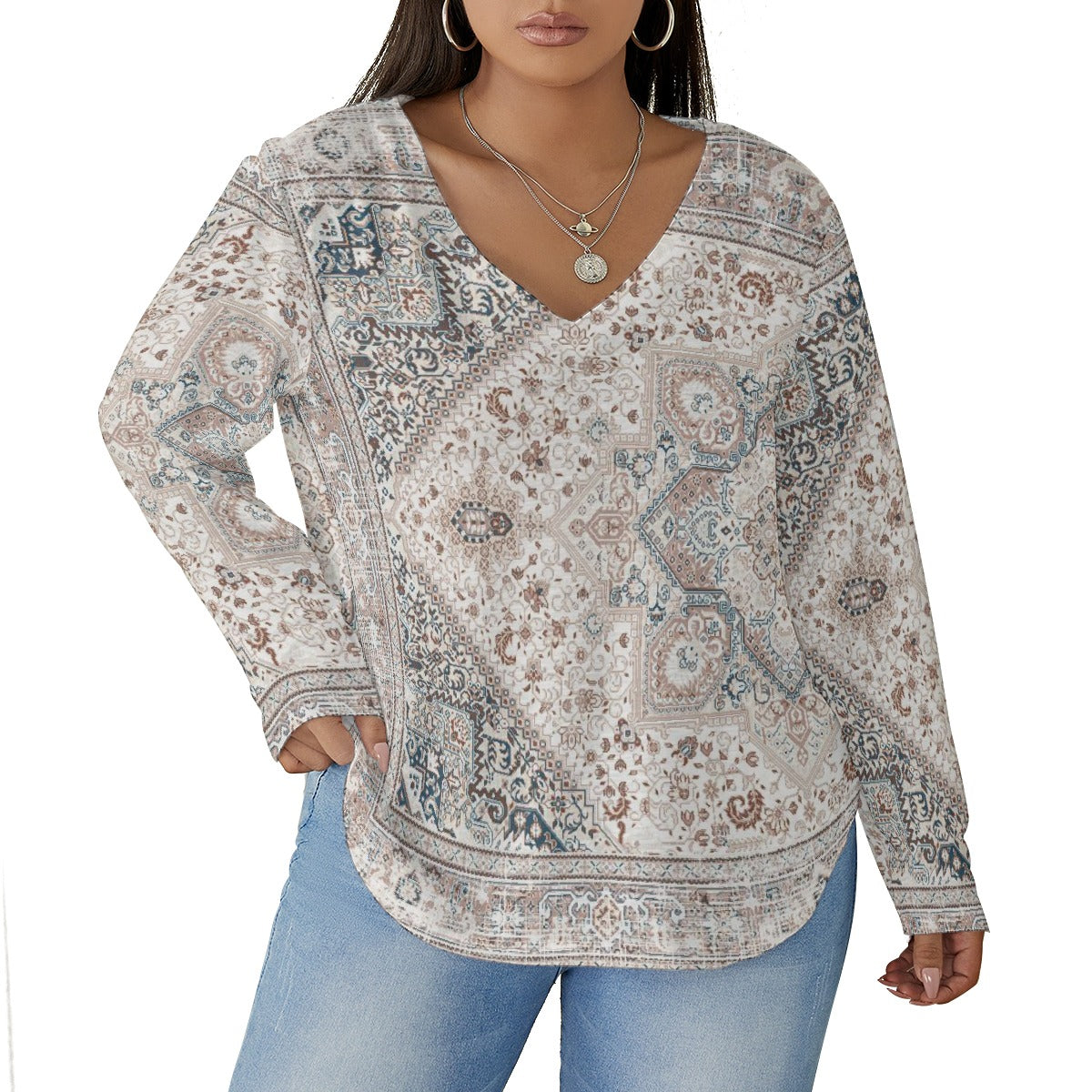 All-Over Print Women's V-neck T-shirt With Curved Hem(Plus Size)