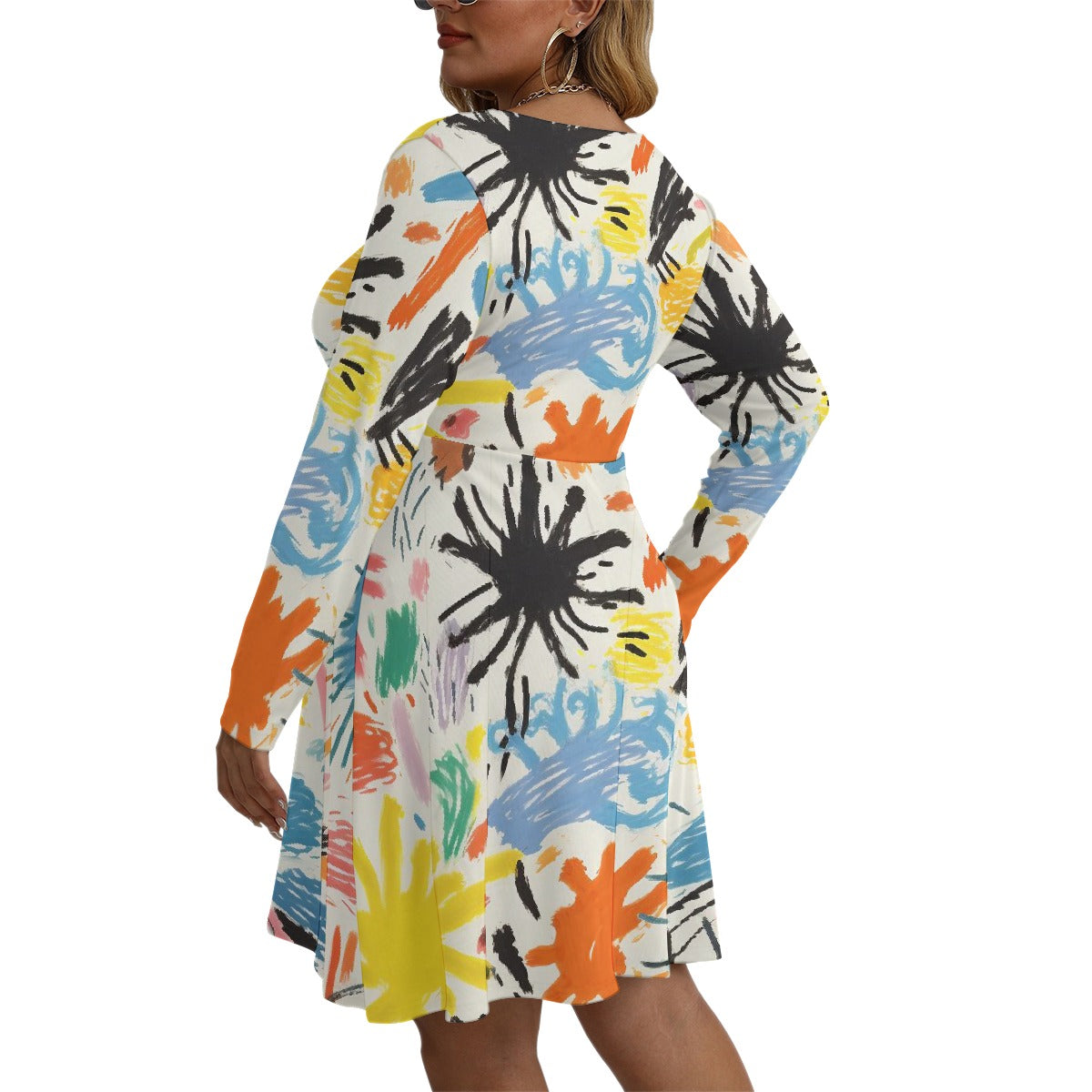 All-Over Print Women's V-neck Long Sleeve Dress(Plus Size)