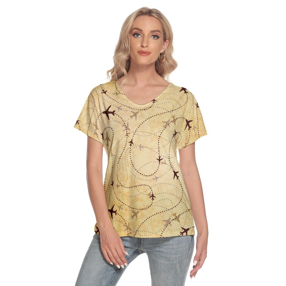 All-Over Print Women's Loose V-neck Short Sleeve T-shirt