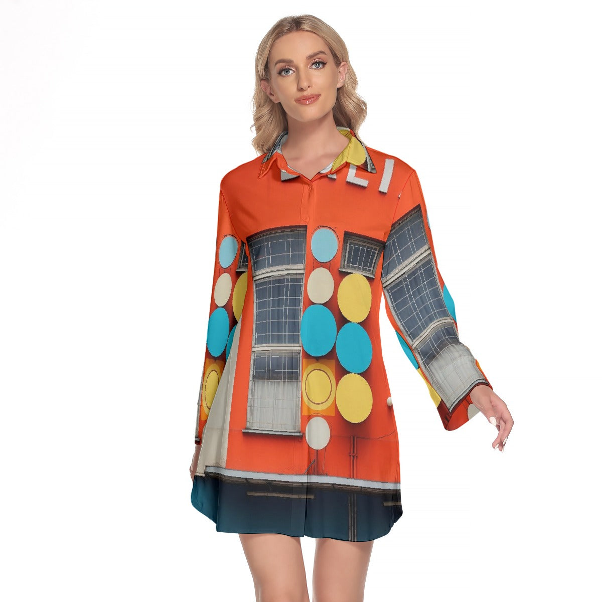 All-Over Print Women's Lapel Shirt Dress With Long Sleeve