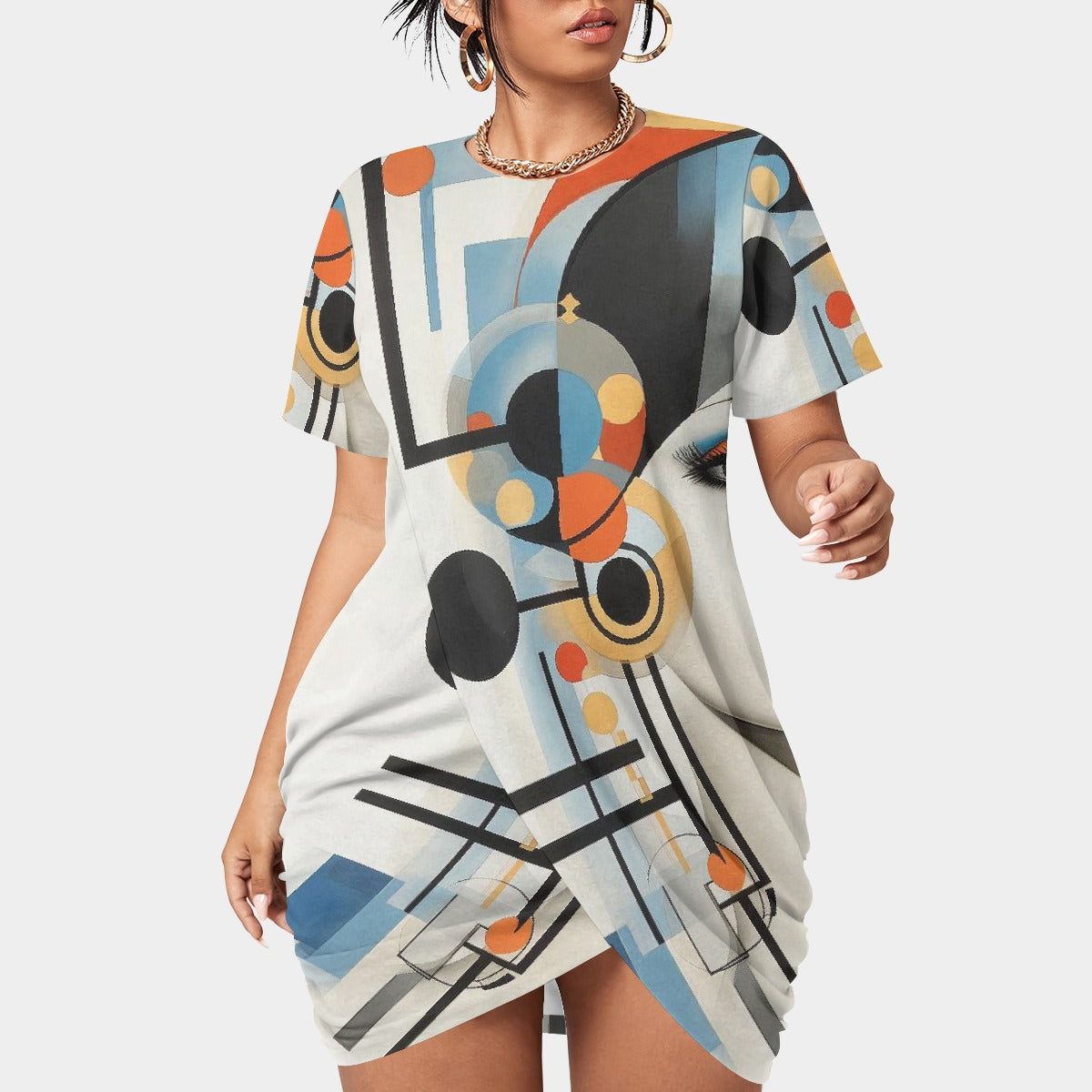 All-Over Print Women’s Stacked Hem Dress With Short Sleeve（Plus Size）