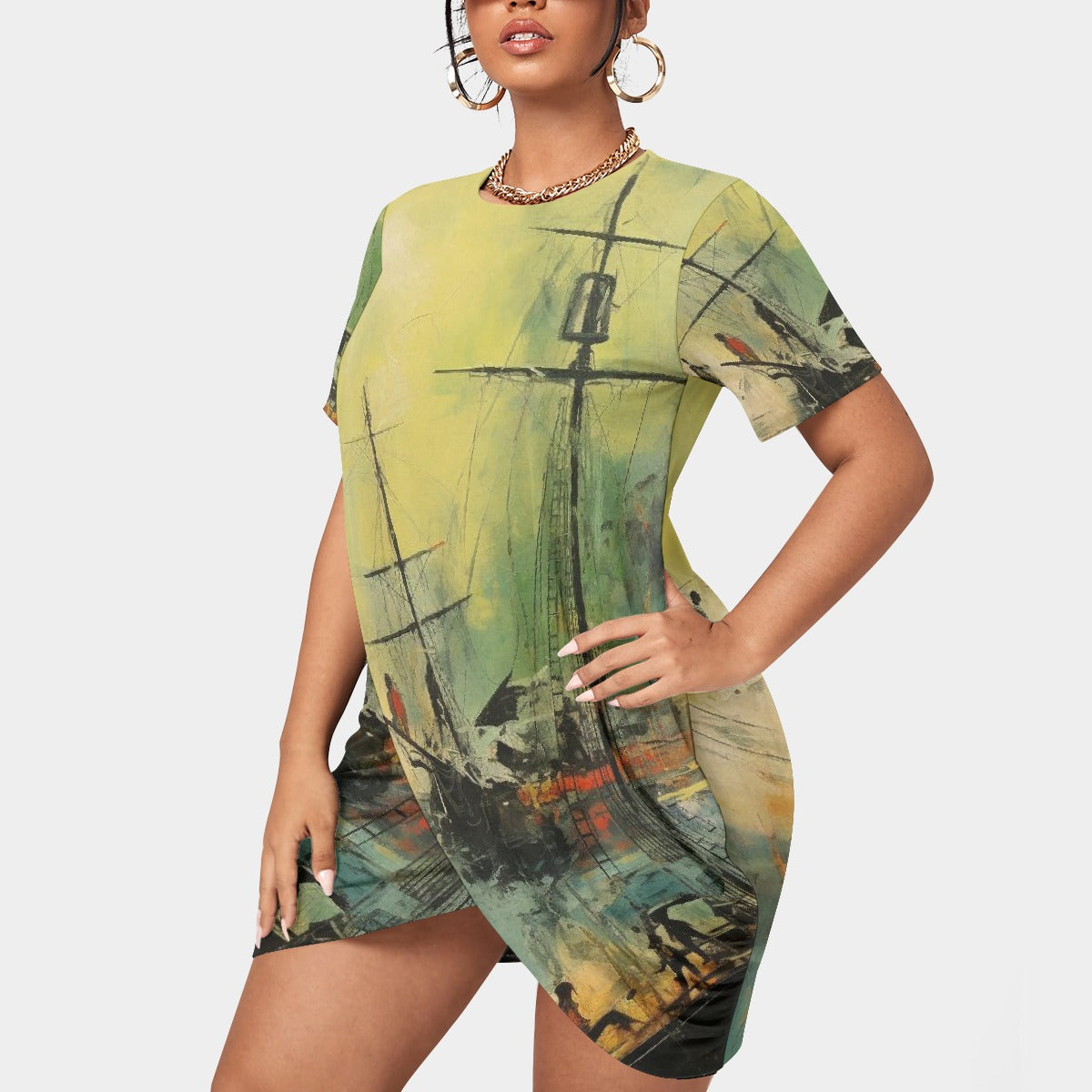 All-Over Print Women’s Stacked Hem Dress With Short Sleeve（Plus Size）