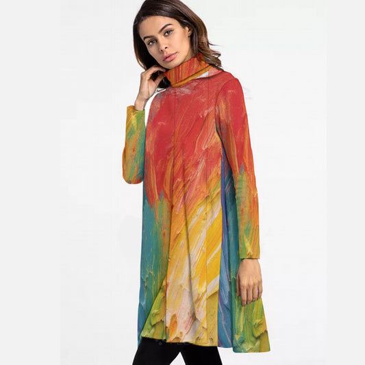 All-Over Print Women's High Neck Dress With Long Sleeve