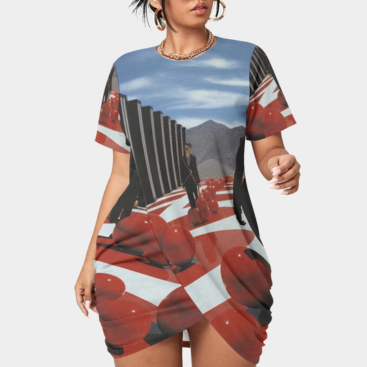 All-Over Print Women’s Stacked Hem Dress With Short Sleeve（Plus Size）