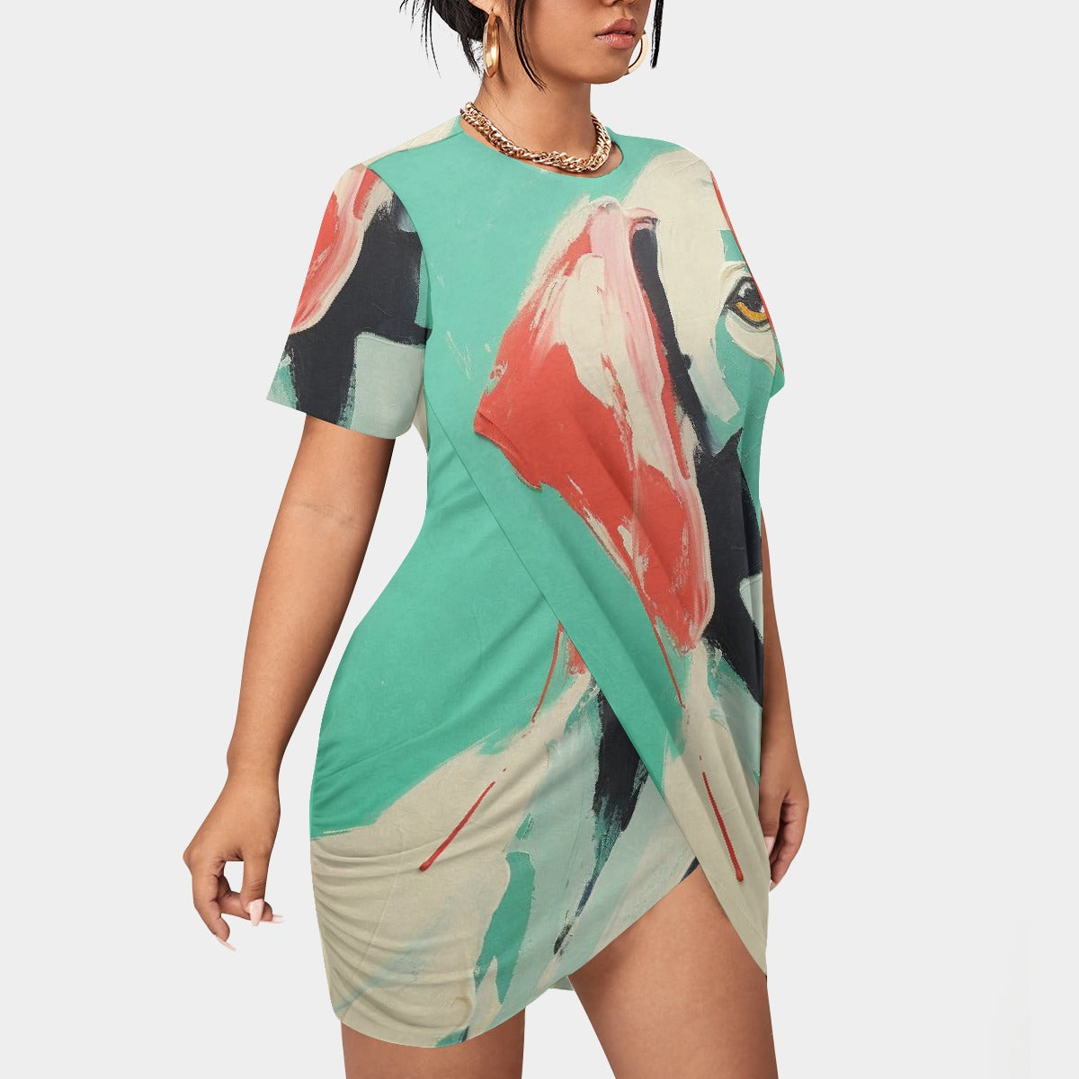 All-Over Print Women’s Stacked Hem Dress With Short Sleeve（Plus Size）