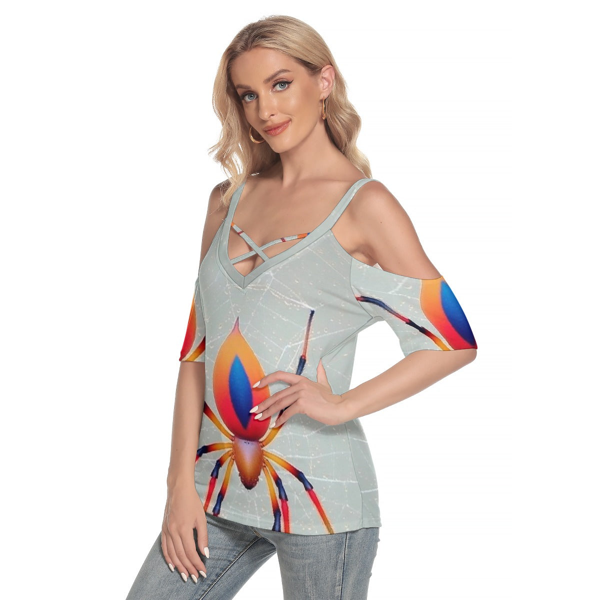 All-Over Print Women's Cold Shoulder T-shirt With Criss Cross Strips