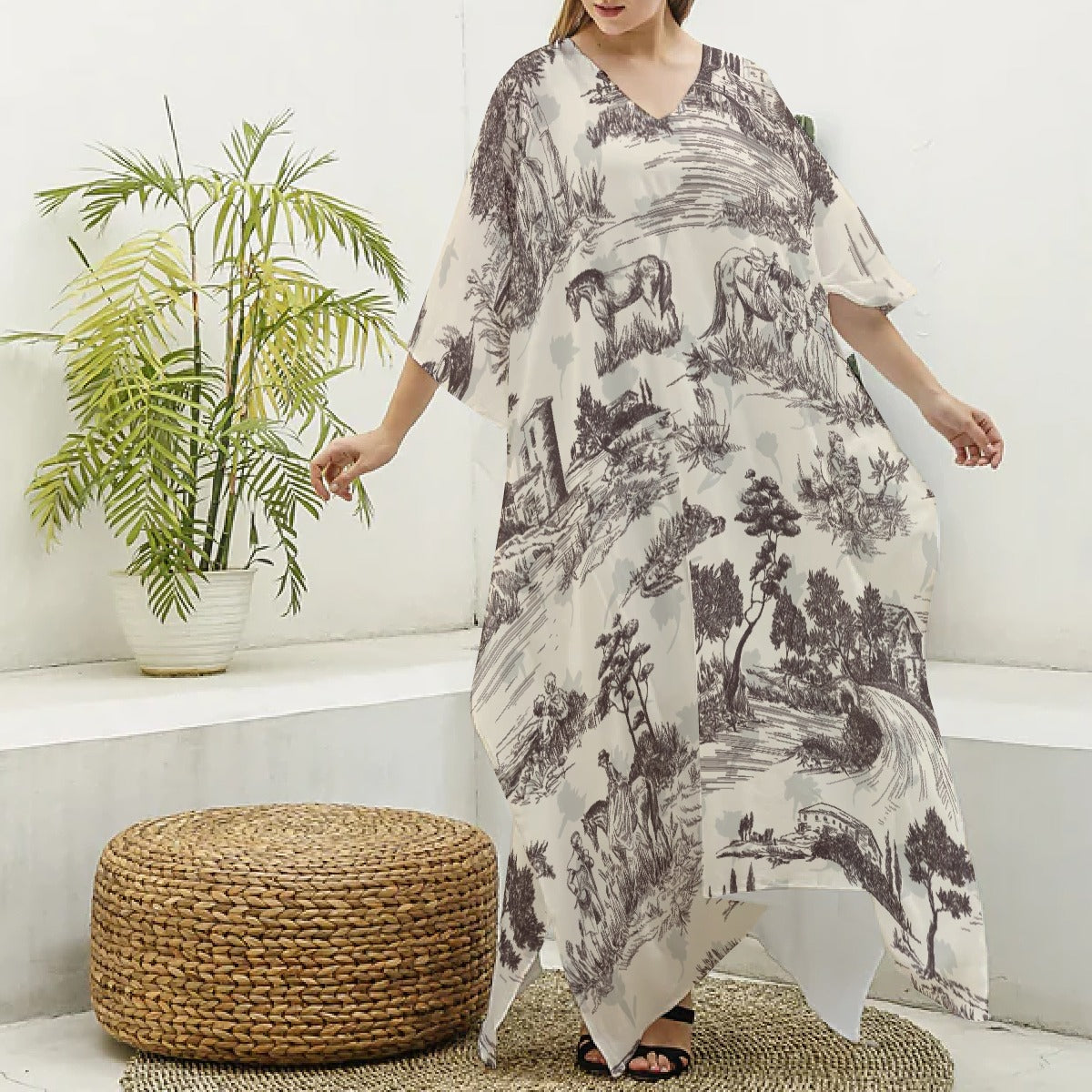 All-Over Print Women's Imitation Silk V-neck Kaftan Robe