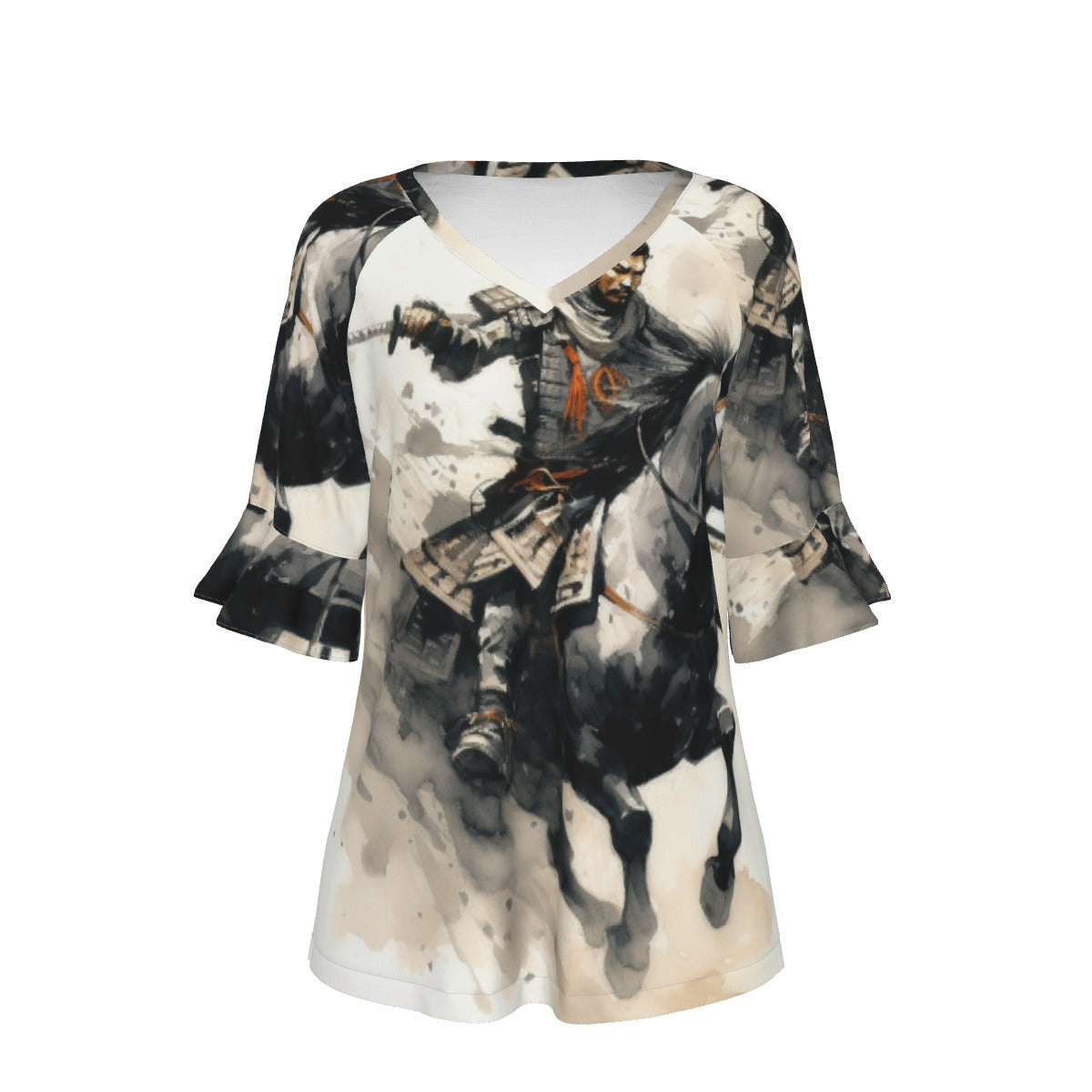 All-Over Print V-neck Women's T-shirt With Bell Sleeve