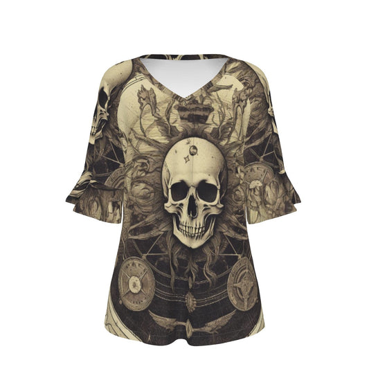 All-Over Print V-neck Women's T-shirt With Bell Sleeve