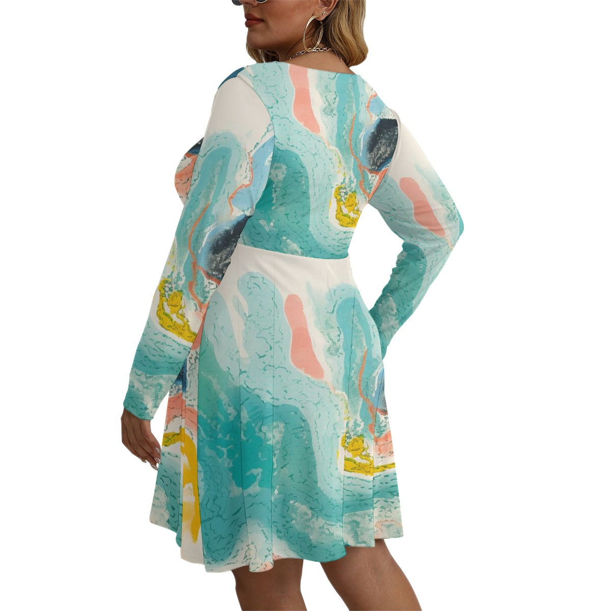 All-Over Print Women's V-neck Long Sleeve Dress(Plus Size)