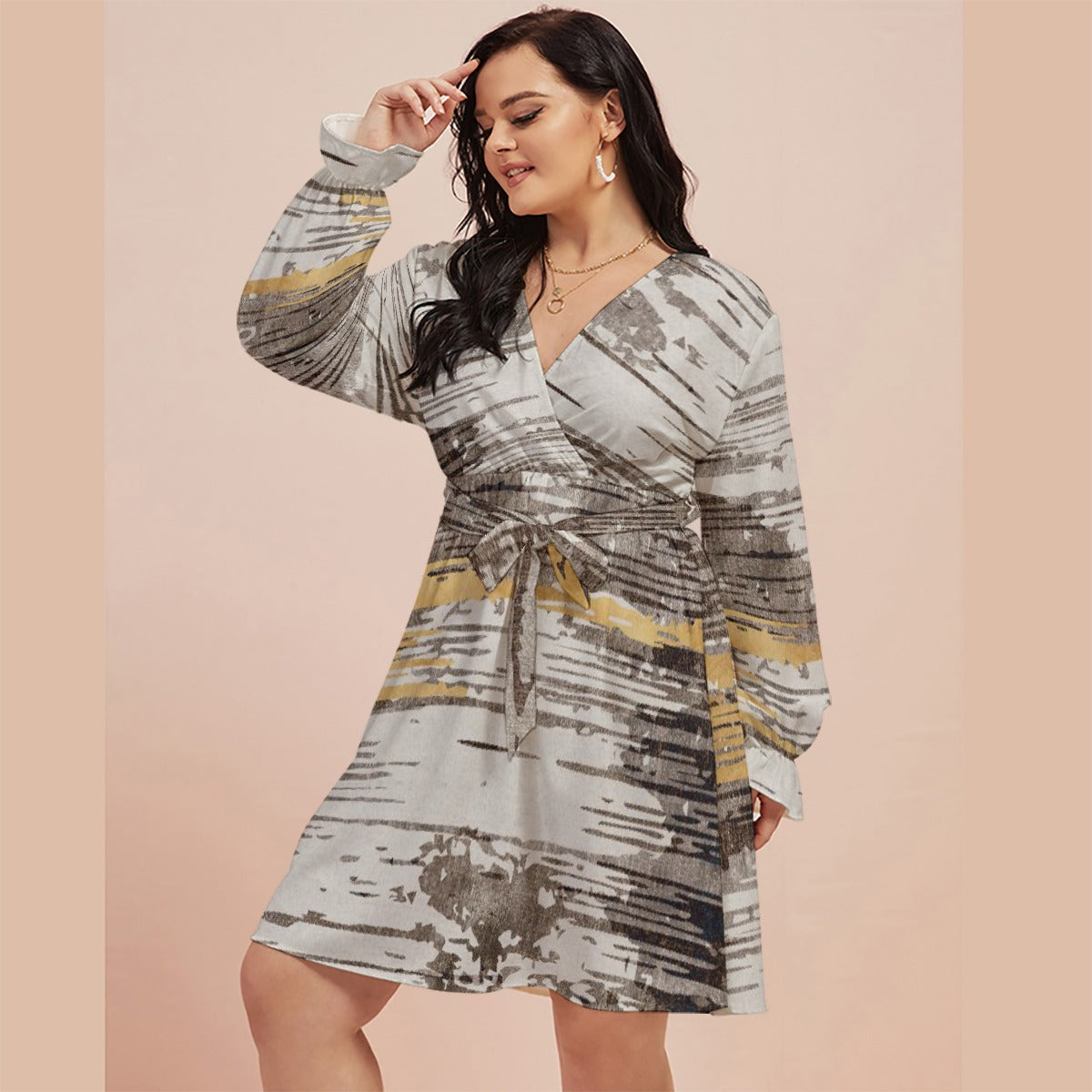 All-Over Print Women's V-neck Dress With Waistband(Plus Size)