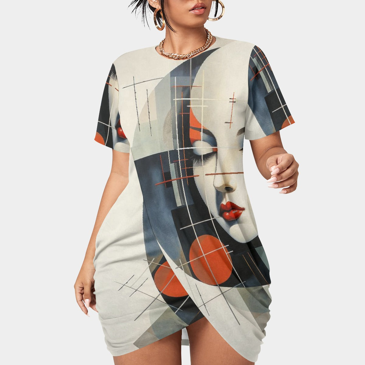 All-Over Print Women’s Stacked Hem Dress With Short Sleeve（Plus Size）