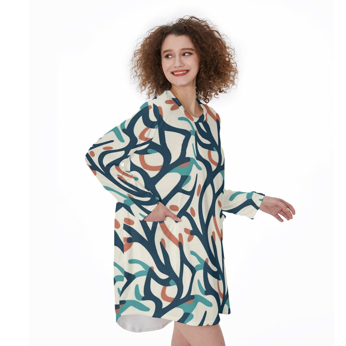 All-Over Print Women's Casual Loose Long Sleeve Dress With Pocket