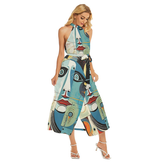 All-Over Print Women's Wrap Hem Belted Halter Dress