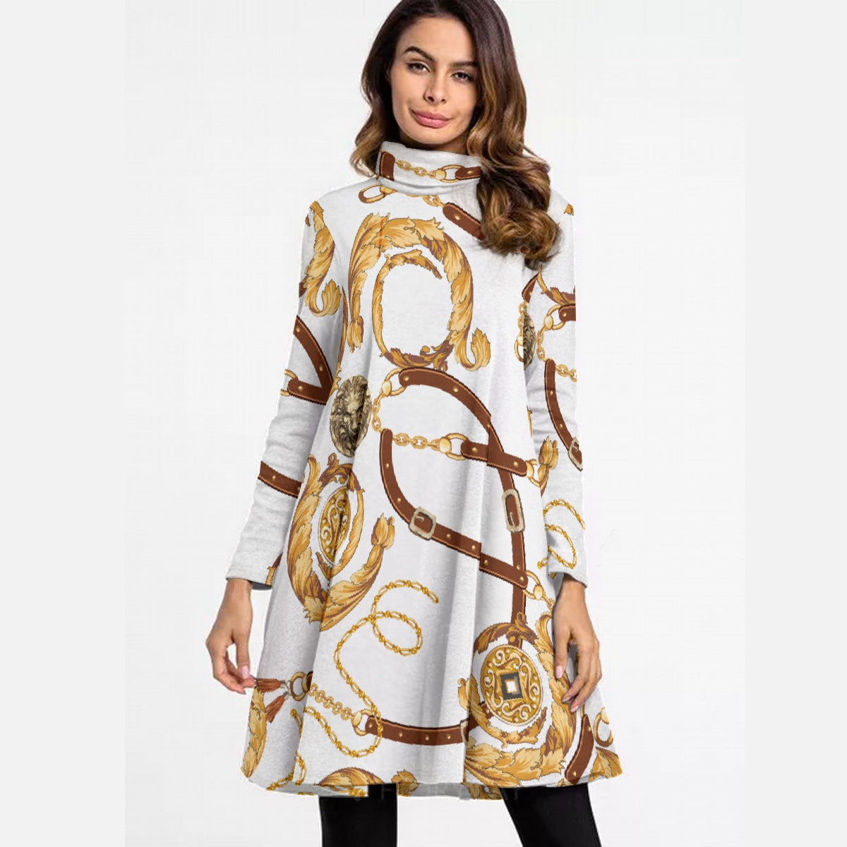 All-Over Print Women's High Neck Dress With Long Sleeve