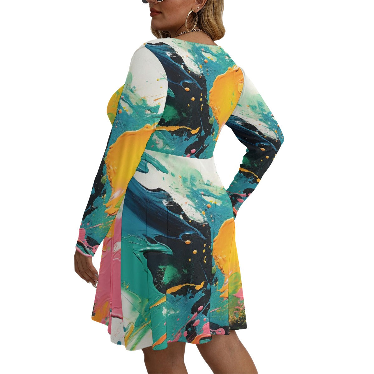 All-Over Print Women's V-neck Long Sleeve Dress(Plus Size)