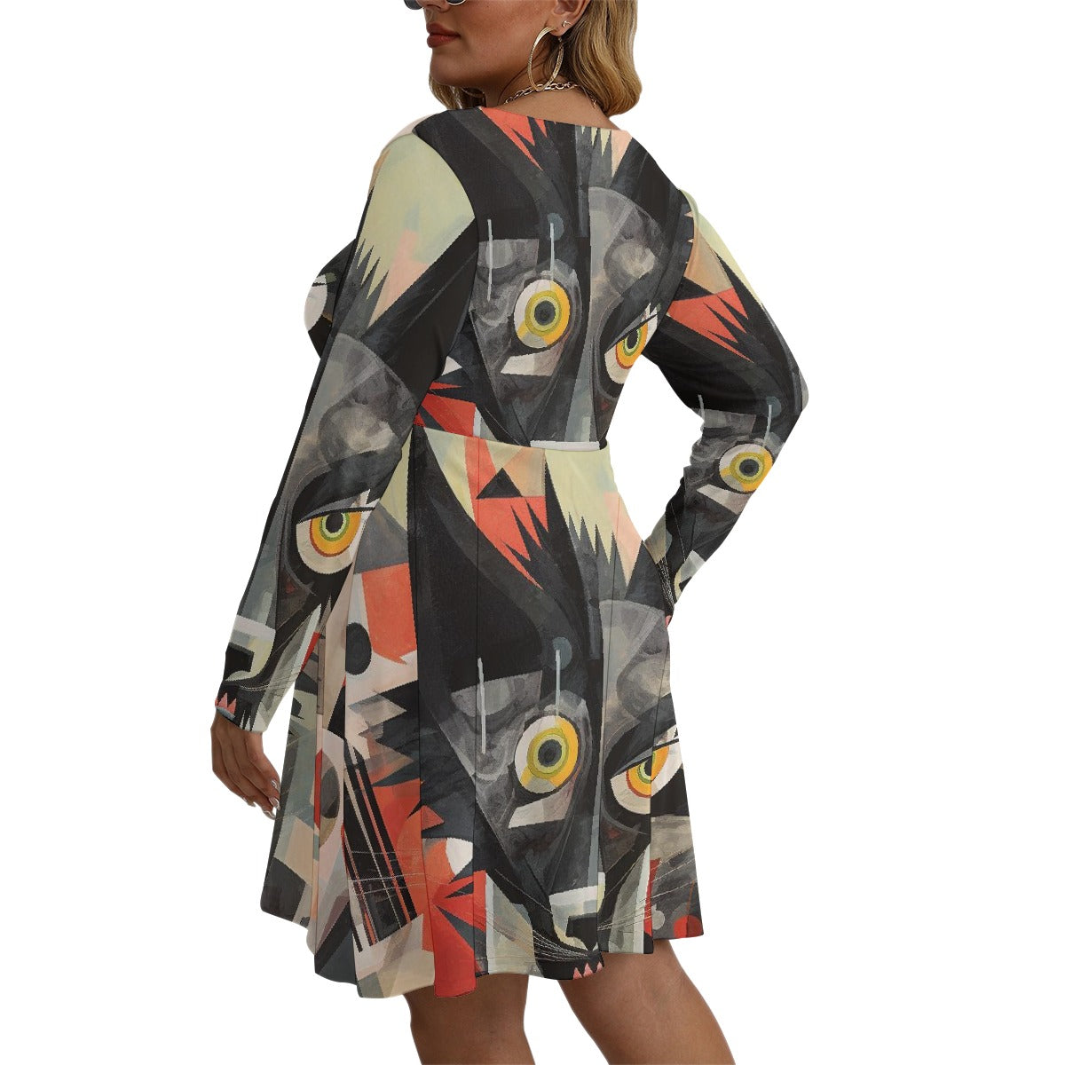 All-Over Print Women's V-neck Long Sleeve Dress(Plus Size)