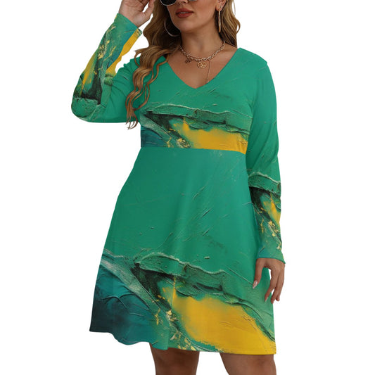 All-Over Print Women's V-neck Long Sleeve Dress(Plus Size)