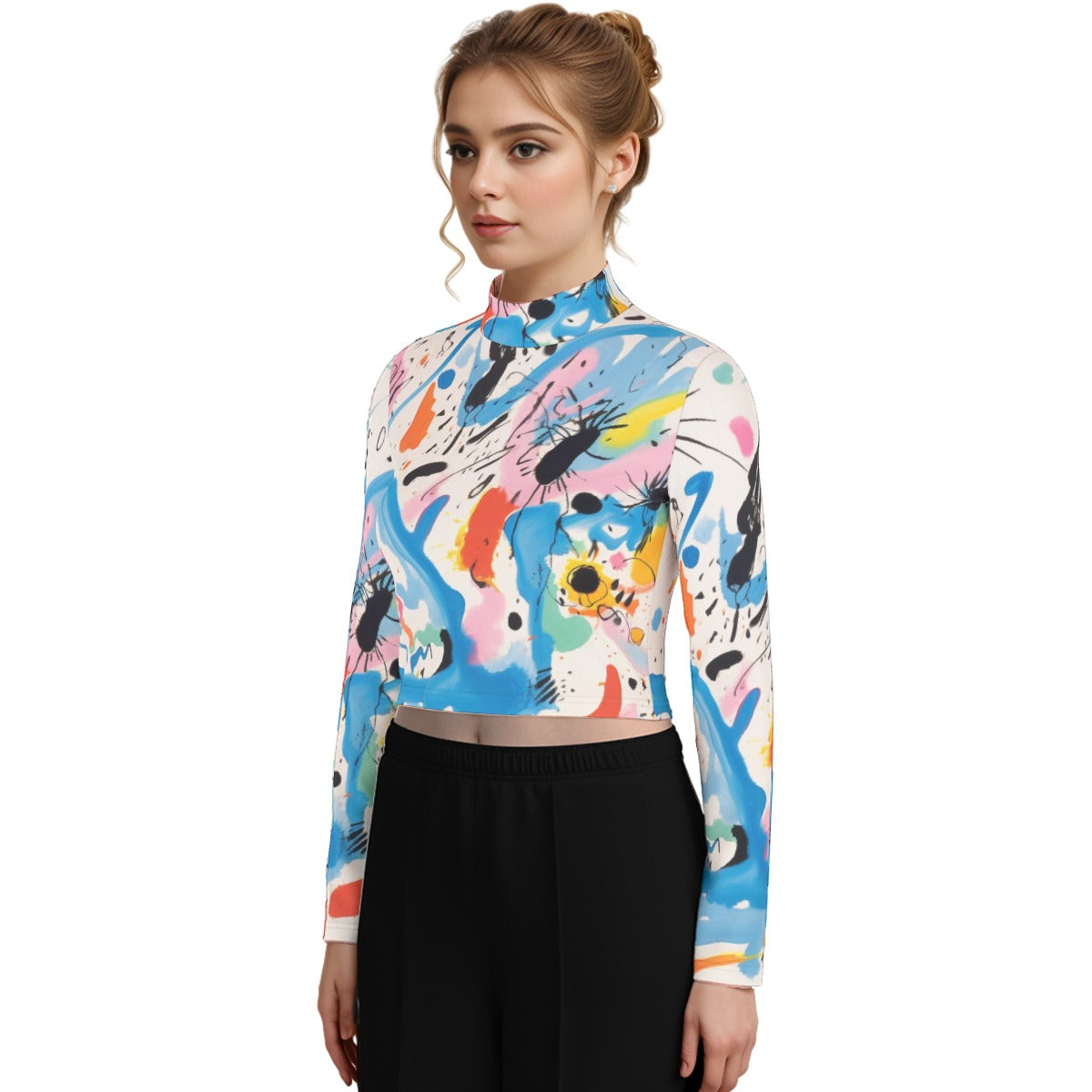 Eco-Friendly All-Over Print Women's Turtleneck T-shirt With Long Sleeve