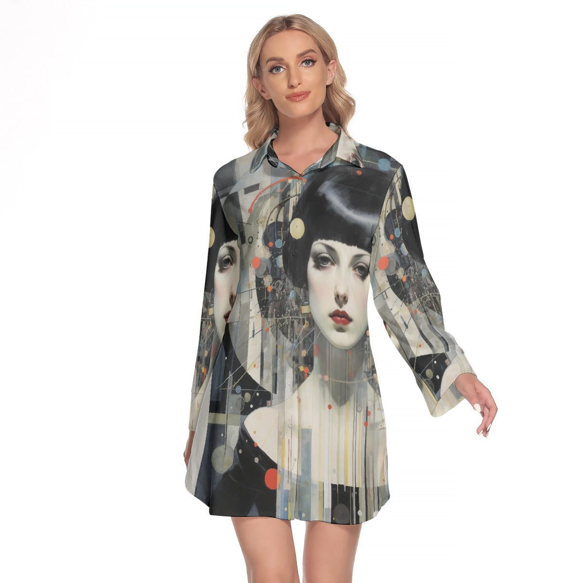 All-Over Print Women's Lapel Shirt Dress With Long Sleeve