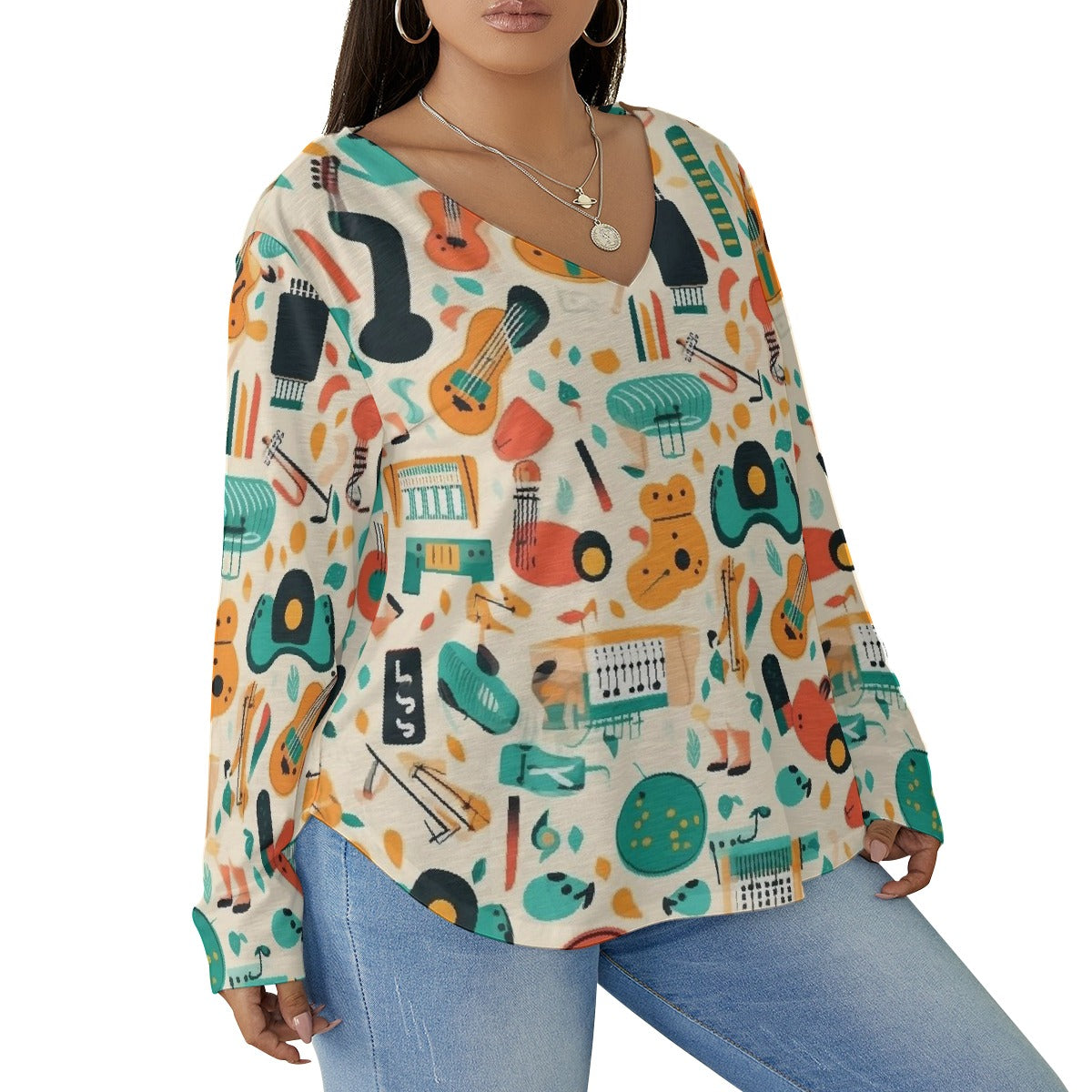 All-Over Print Women's V-neck T-shirt With Curved Hem(Plus Size)