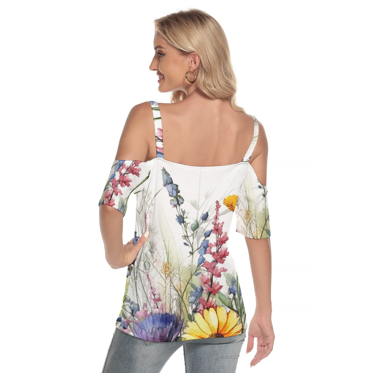 All-Over Print Women's Cold Shoulder T-shirt With Criss Cross Strips