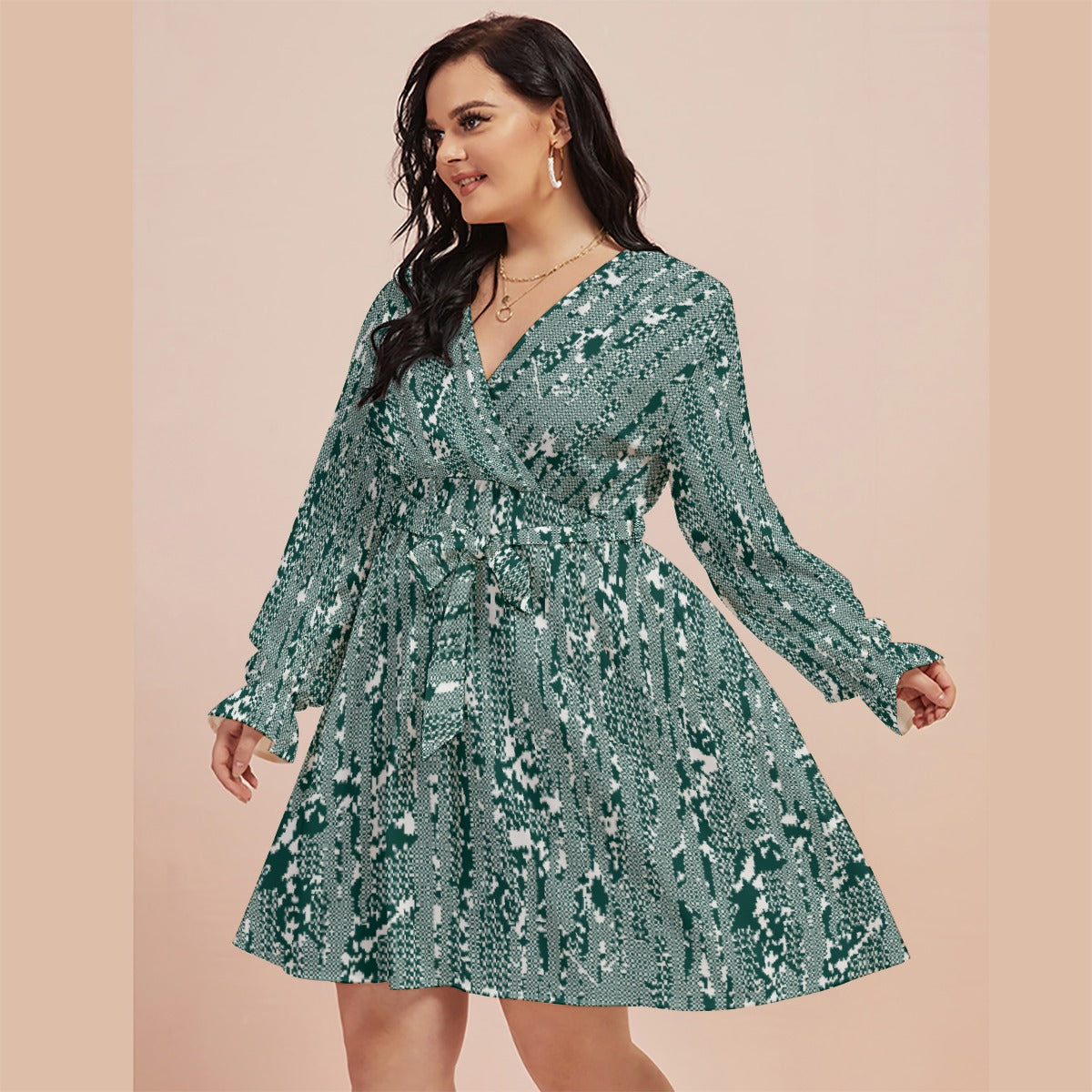 All-Over Print Women's V-neck Dress With Waistband(Plus Size)