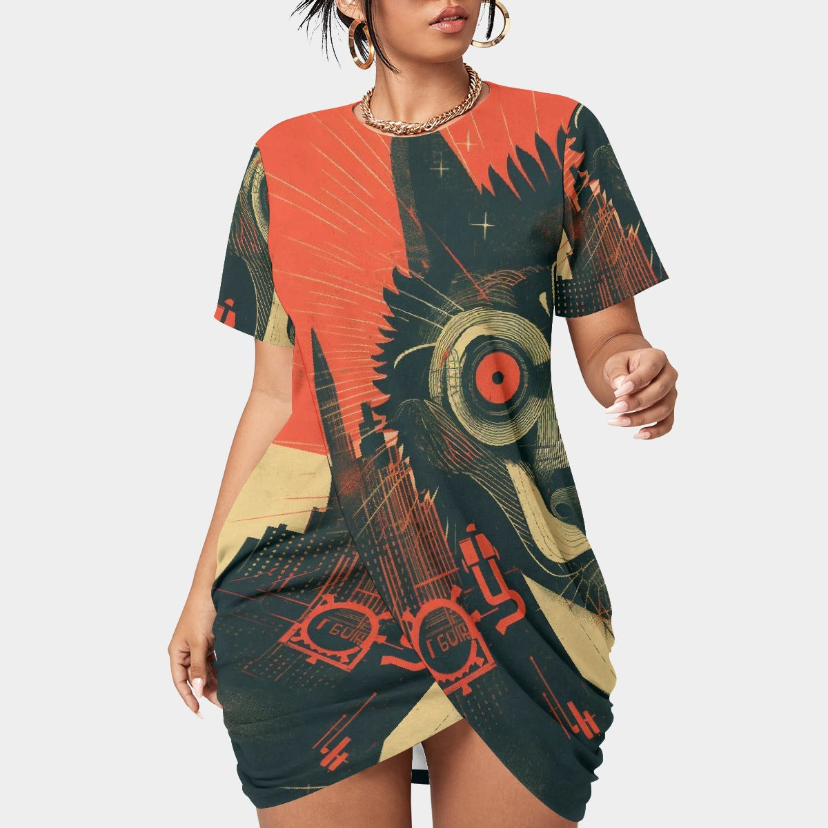 All-Over Print Women’s Stacked Hem Dress With Short Sleeve（Plus Size）