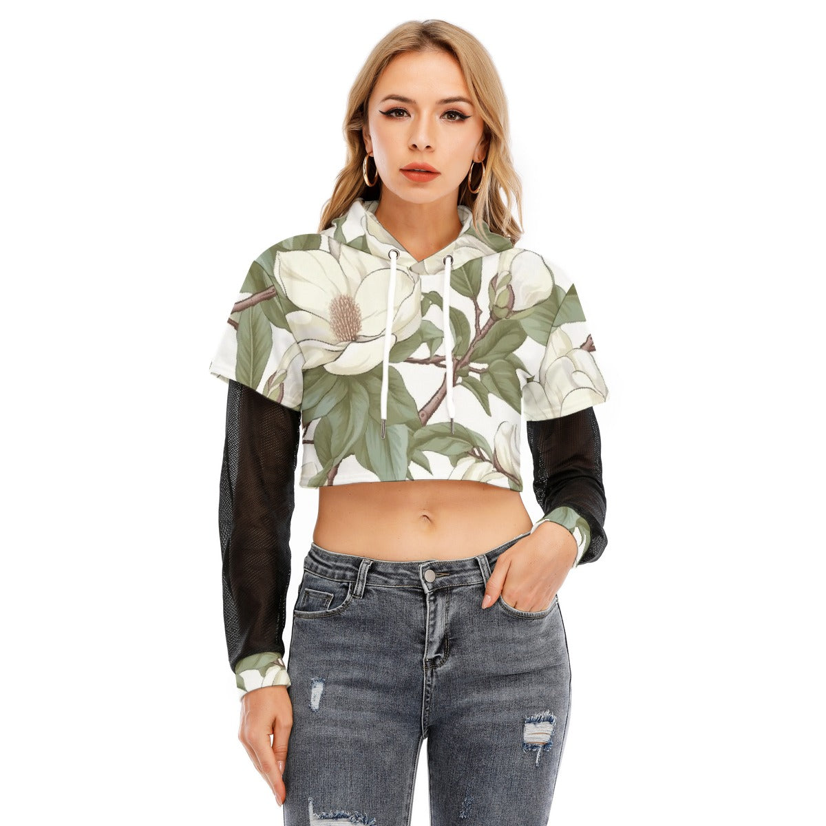 All-Over Print Women's Fake Two-piece Mesh Sleeve Cropped Hoodie