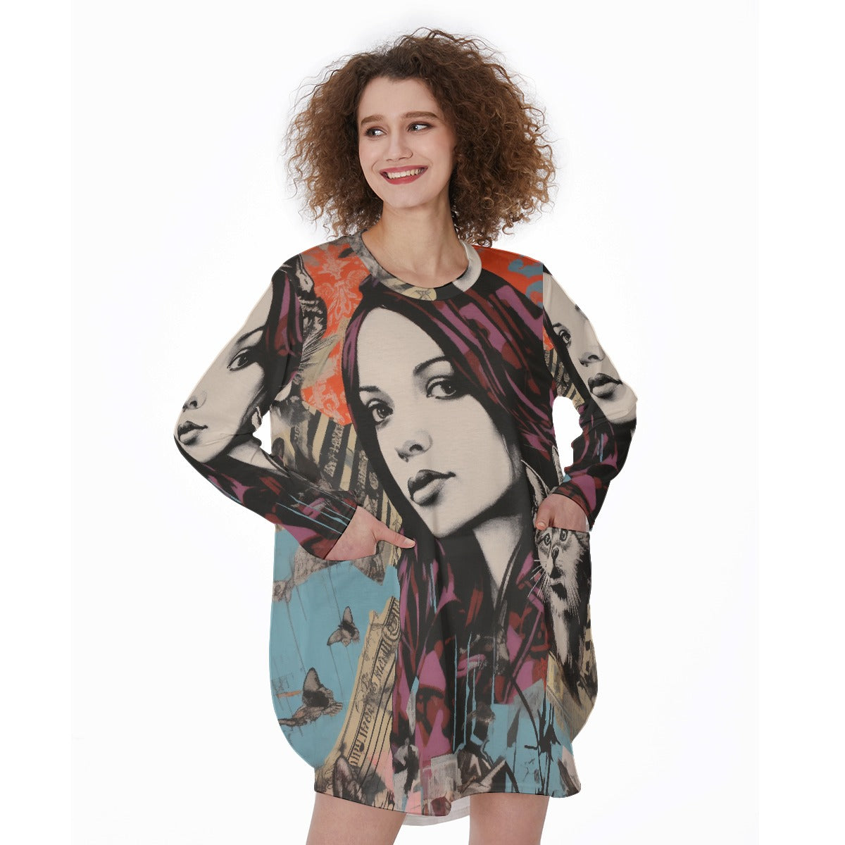 All-Over Print Women's Casual Loose Long Sleeve Dress With Pocket