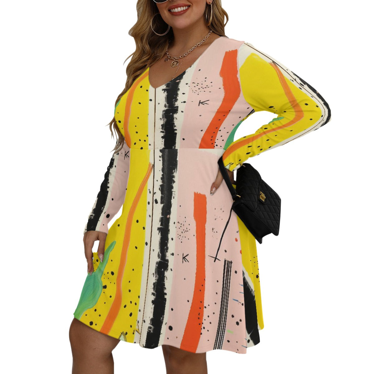 All-Over Print Women's V-neck Long Sleeve Dress(Plus Size)