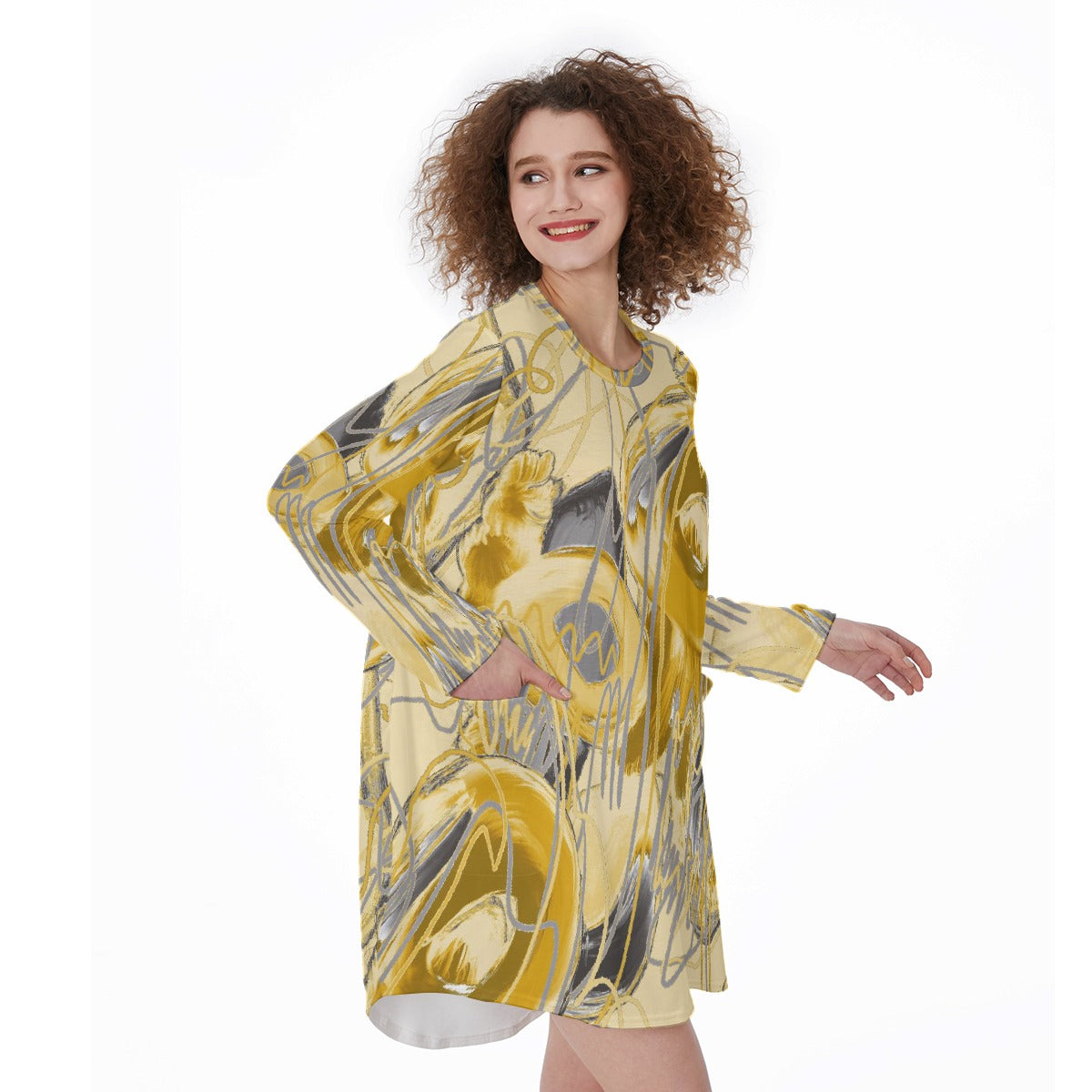 All-Over Print Women's Casual Loose Long Sleeve Dress With Pocket