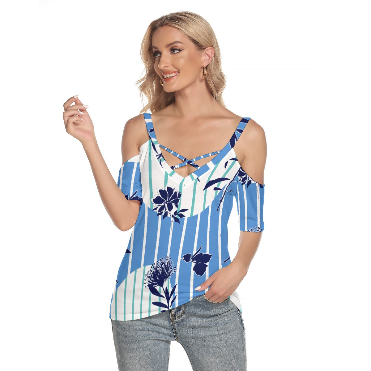 All-Over Print Women's Cold Shoulder T-shirt With Criss Cross Strips